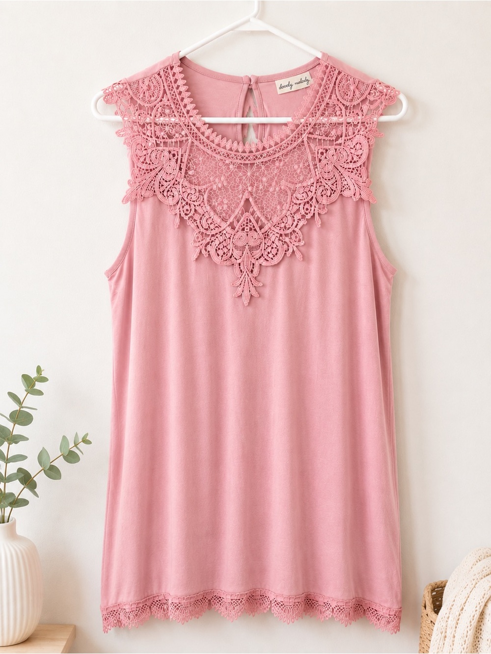 Lovely Melody Pink Lace Trim Sleeveless Tank Top